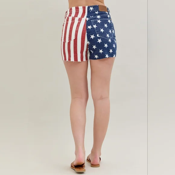 Judy Blue High-Rise Stars Stripes Jean USA American Flag Raw Hem Denim Shorts